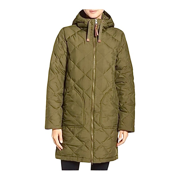 Burton Bixby Down Jacket Army Green Quilted Long Length Women Medium Hoodie - Picture 1 of 15